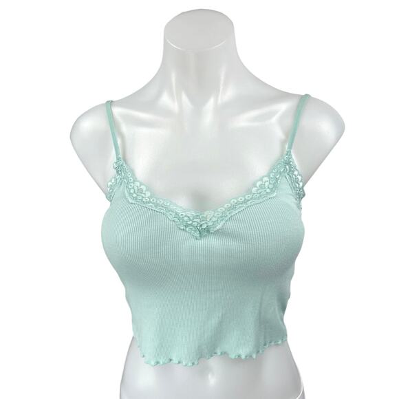 PacSun LA Hearts Blue Floral Lace Lettuce Rib Knit Cami Camisole Crop Tank Top M - Picture 1 of 4